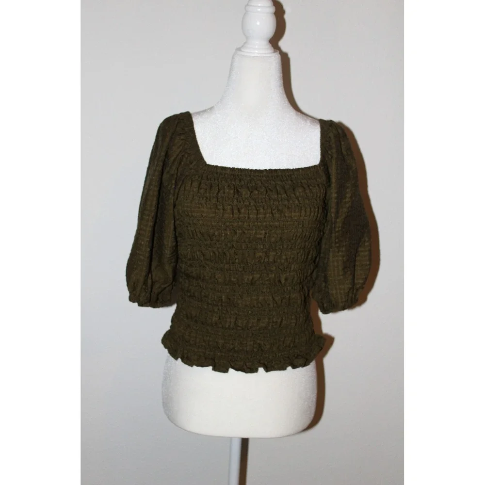 Old Navy Women's Olive Green Smocked Puff Sleeve Metallic Square Neck Top Small